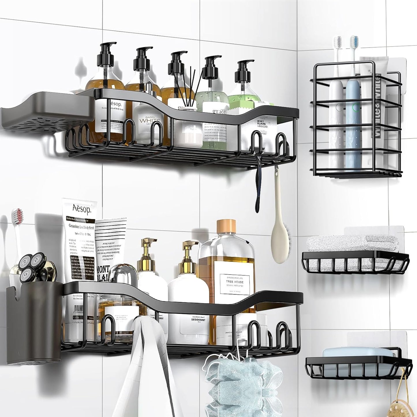 Shower Caddy Adhesive Shower Organizer 7-Pack, Rustproof Stainless Steel Bathroom Shelves, Large Capacity No-Drill Rack Storage Accessories with Soap Dish Toothbrush Holder &24 Hooks Home Decor