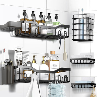 Shower Caddy Adhesive Shower Organizer 7-Pack, Rustproof Stainless Steel Bathroom Shelves, Large Capacity No-Drill Rack Storage Accessories with Soap Dish Toothbrush Holder &24 Hooks Home Decor