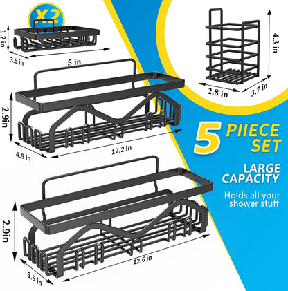 Shower Caddy, Shower Shelves [5-Pack], Adhesive Shower Organizer No Drilling, Large Capacity, Rustproof Stainless Steel Bathroom Shower Organizer, Shower Shelf for inside Shower, Black.